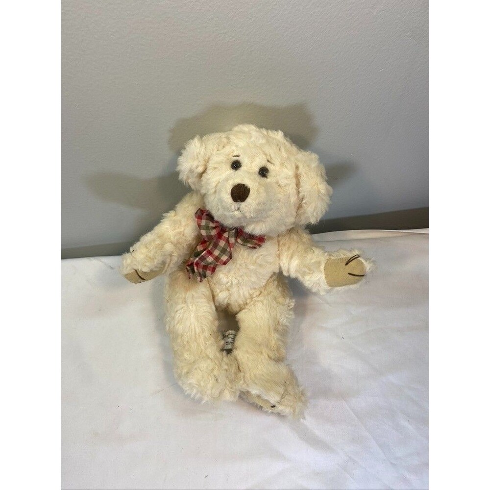 RUSS WHITE MOVEABLE ARM LEGS STUFFED ANIMAL BYRON PLAID RIBBON 13 IN